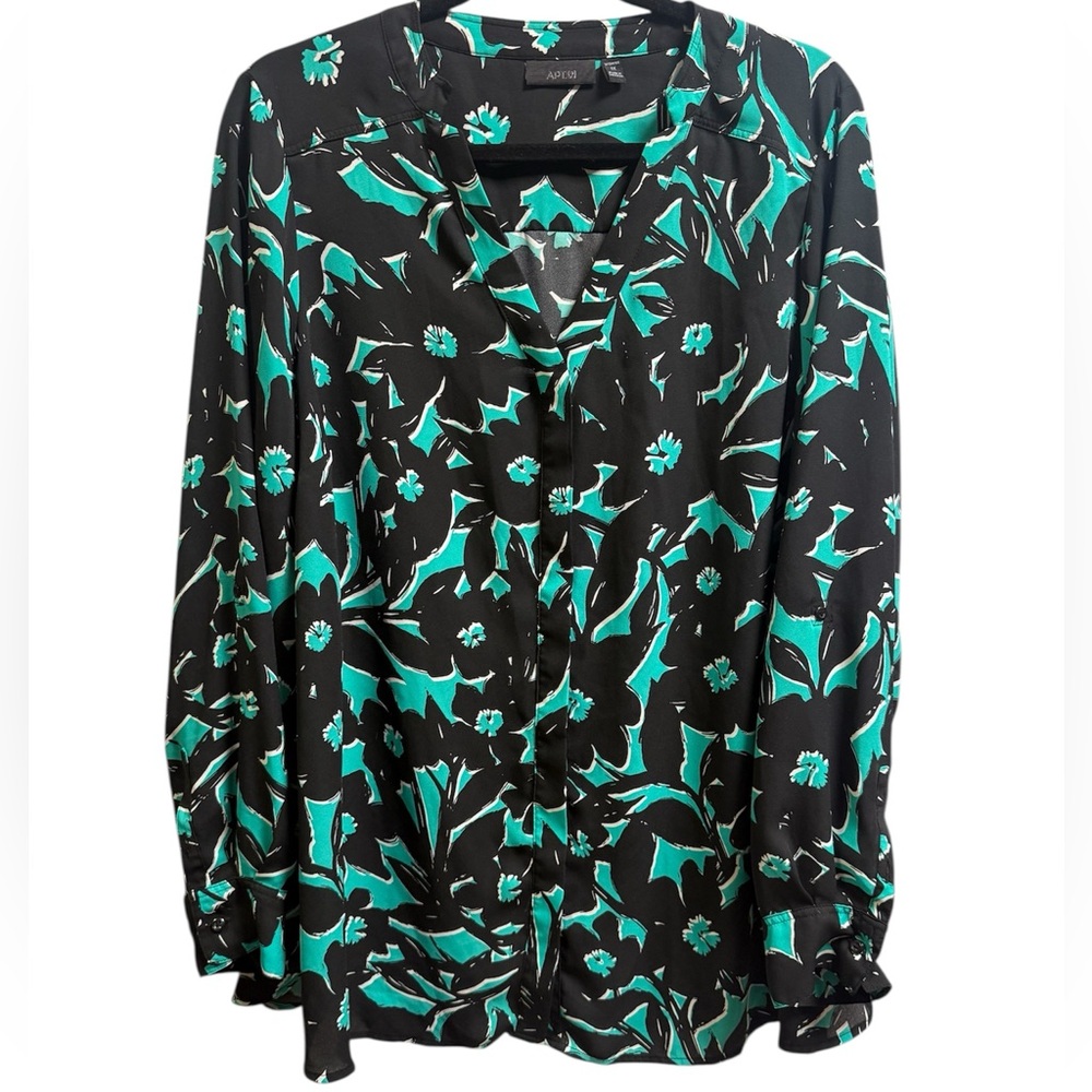 Black and Green V-neck, Button Down Blouse, Roll Tab Sleeves, Apt. 9